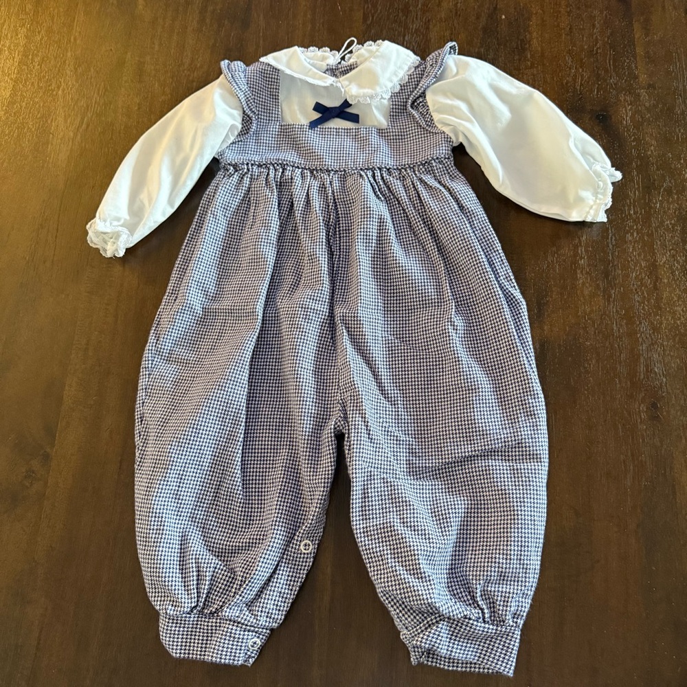 Vintage Alexis Navy and White‎ Checkered Kids Overalls Bow Romper One Piece